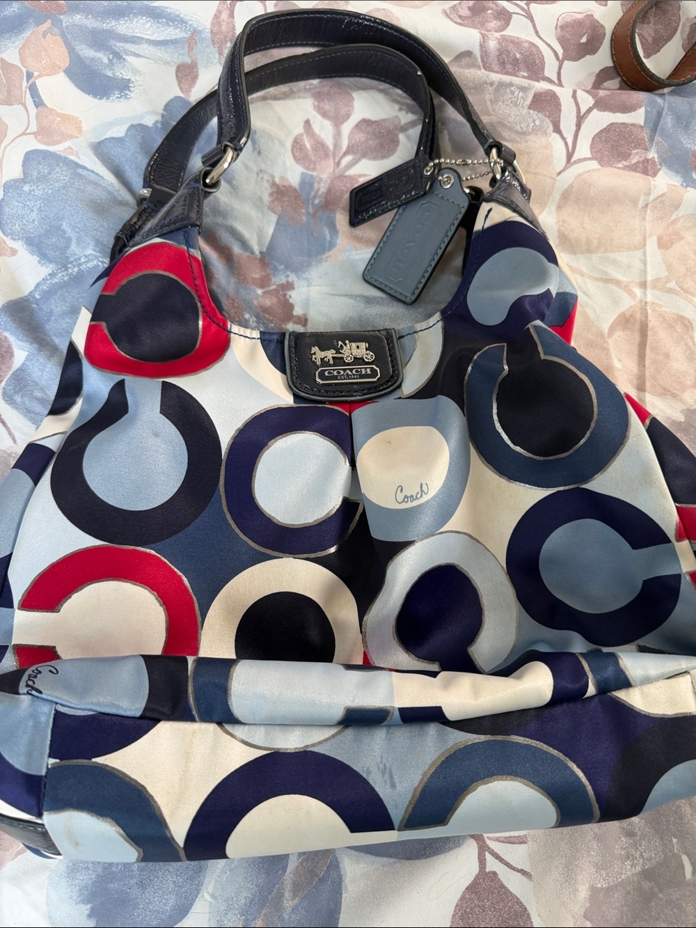 Coach Navy, Light Blue, Cream & Red Circle-Print Shoulder Bag